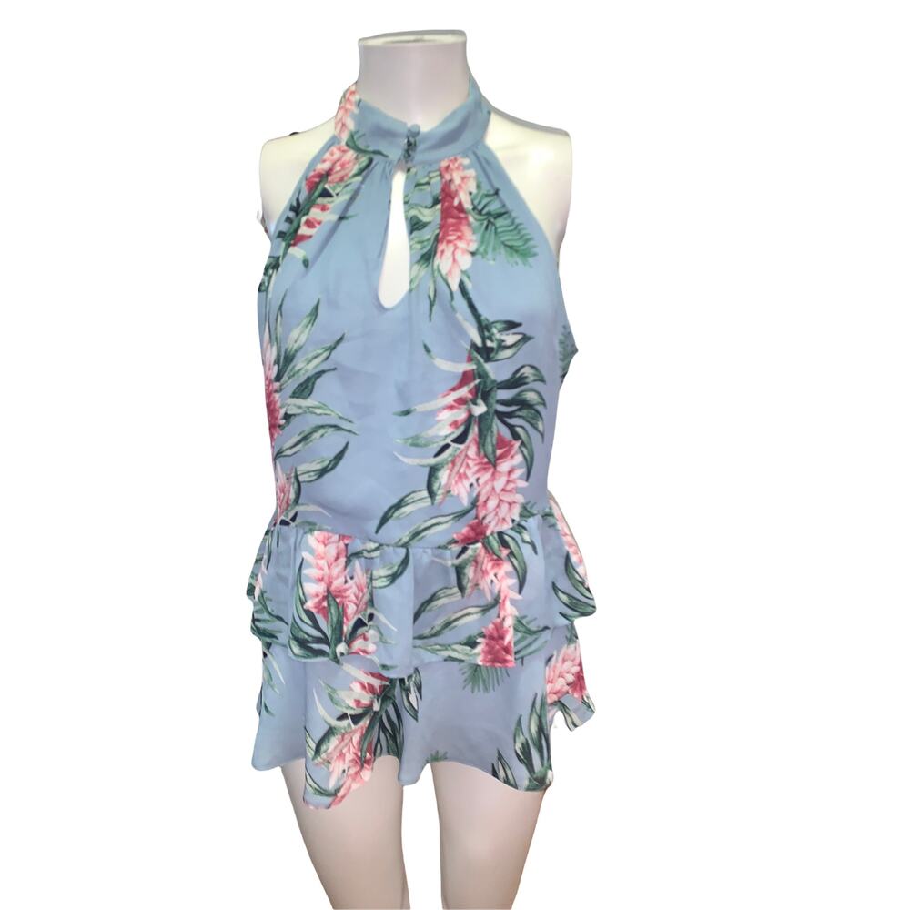 Belle Vere Blue Floral Chiffon Tiered Ruffle Sleeveless Dressy Blouse M